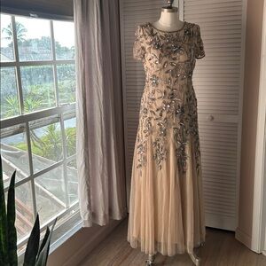 Adrianna Papell Tan and Silver Embellished Maxi Tulle Dress size 10P